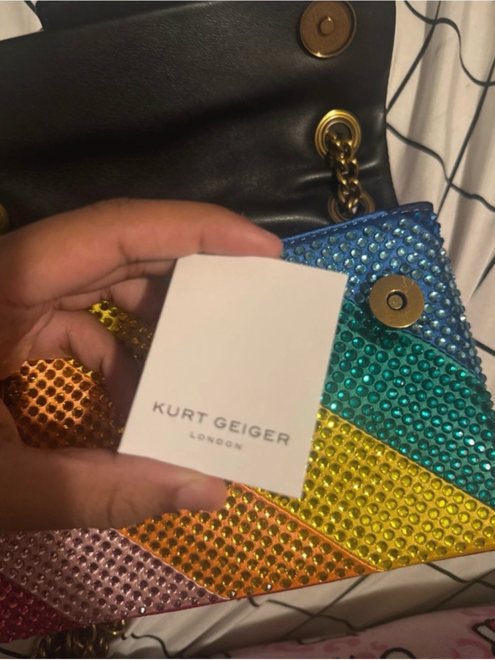 Kurt Geiger Rainbow Crystal Shoulder Bag with Gold Chain - Picture 2 of 4